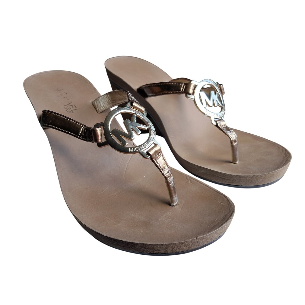 Michael Kors Womens Bronze Metallic MK Logo Thong Wedge Sandals Size 7.5M